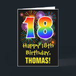 Carte 18e anniversaire : Fun Fireworks Motif   Rainbow 1<br><div class="desc">The front of this fun, exciting, and colorful birthday-themed greeting card design features a large number "18" with a rainbow spectre gradient inspired pattern, along with the message "Happy 18th Birthday, ", and a personalized recipient name. The front additionally has a colorful background pattern inspired by the look of bursting...</div>