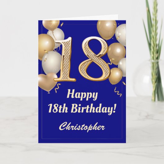 Carte 18e anniversaire Marine Bleu et Ballons d'or Confe (Devant)