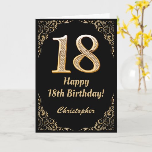 Carte 18e anniversaire Parties scintillant noir et or ca (Fleur jaune)