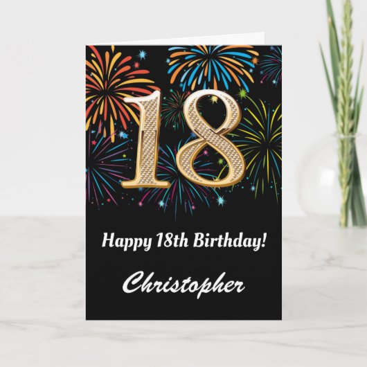 Carte 18e anniversaire Rainbow Fireworks noir et or (Devant)