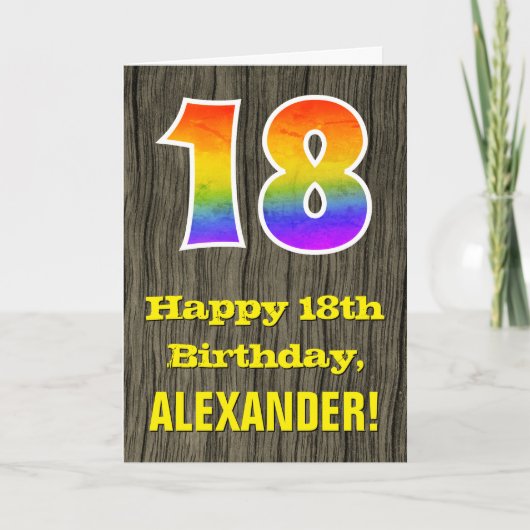Carte 18e anniversaire : Rustic Faux Wood Look, Arc-en-c (Devant)