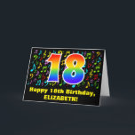 Carte 18e anniversaire : Symboles de musique colorée et<br><div class="desc">This fun, exciting, and colorful birthday greeting card design features a large number "18" with a rainbow spectre gradient inspired pattern, along with the message "Happy 18th Birthday, ", and a customizable recipient name. The front also has a colorful music notes and symbools pattern. The inside features a customized birthday...</div>