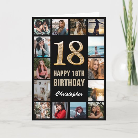 Carte 18e Joyeux anniversaire noir et or Collage photo (Devant)