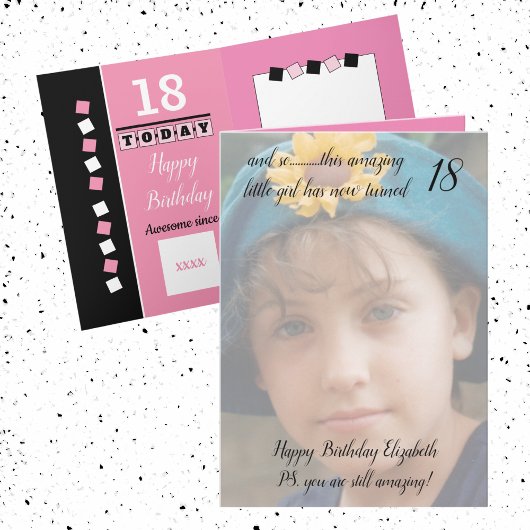 Carte 18e photo d'anniversaire rose et noir encore extra