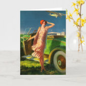 Carte 1930 femme voiture et avion (Fleur jaune)