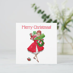 Carte 1950 Femme Vintage Noël Faire des Achats de Cadeau