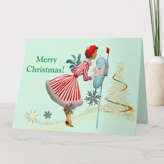 Carte 1950 Vintage femme de Noël avec cadeaux (Devant)