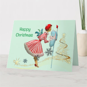 Carte 1950 Vintage femme de Noël avec cadeaux