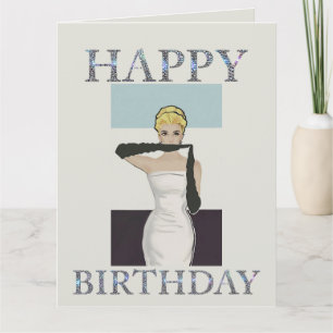Carte 1950 vintage femme gants de soirée Joyeux annivers