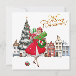 Carte 1950 Vintage Lady Christmas Shopping pour cadeaux