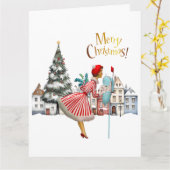 Carte 1950 Vintage Lady Posting Merry Christmas  (Fleur jaune)