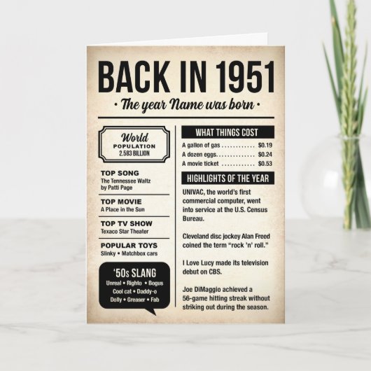 Carte 1951 Back in the Day, Fun Facts, 75th Birthday (Devant)