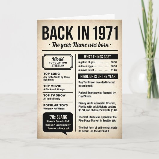 Carte 1971 Back in the Day, Fun Facts Birthday Card (Devant)