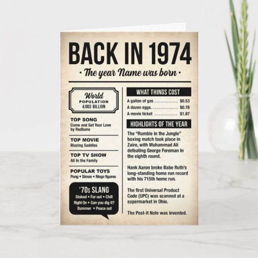 Carte 1974 Back in the Day, Fun Facts Birthday Card (Devant)