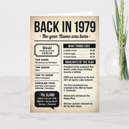 Carte 1979 Back in the Day, Fun Facts Birthday Card (Devant)