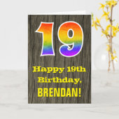 Carte 19e anniversaire : aspect bois faux rustique, "19" (Fleur jaune)