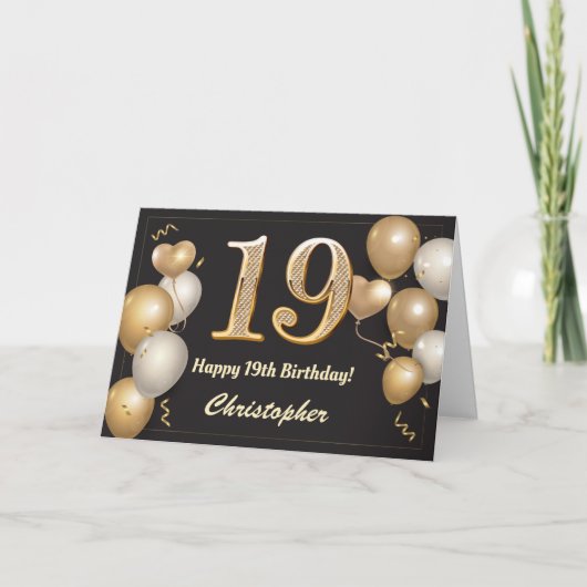 Carte 19e anniversaire Ballons noirs et or Anniversaire (Devant)