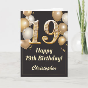 Carte 19e anniversaire Black and Gold Balloons Confetti