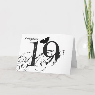 Carte 19e anniversaire, fille, papillon, noir & blanc.