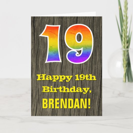Carte 19e anniversaire : Rustic Faux Wood Look, Rainbow (Devant)