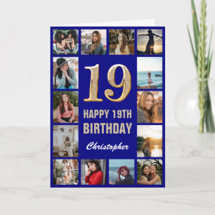 Carte 19e Joyeux anniversaire Marine Blue & Gold Photo C