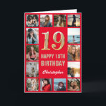 Carte 19e Joyeux anniversaire Red and Gold Photo Collage<br><div class="desc">19th Happy Birthday Red and Gold Photo Collage Birthday Card. Pour plus de personnalisation,  cliquez sur le bouton "Customiser" et utilisez notre outil de conception pour modifier ce modèle.</div>