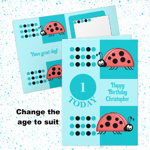 Carte 1er anniversaire 1 aujourd'hui ladybugs turquoise