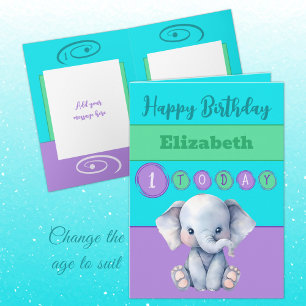 Carte 1er anniversaire ajouter nom fille mignonne élépha