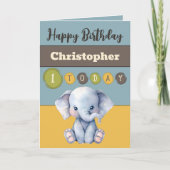 Carte 1er anniversaire ajouter nom garçon mignon éléphan (Devant)