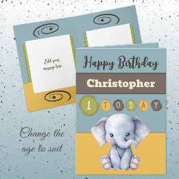 Carte 1er anniversaire ajouter nom garçon mignon éléphan