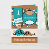 Carte 1er anniversaire ajouter nom ladybugs turquoise br (Devant)