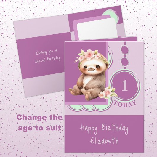 Carte 1er Anniversaire ajouter nom mignon paresseux vert