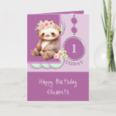 Carte 1er Anniversaire ajouter nom mignon paresseux vert (Devant)