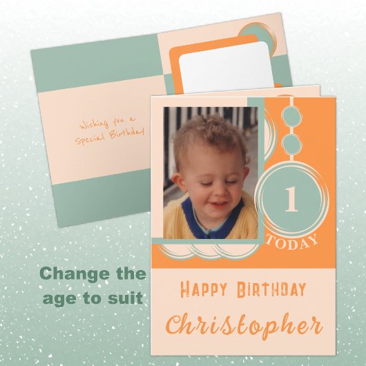 Carte 1er anniversaire ajouter nom photo orange vert