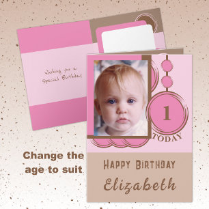 Carte 1er anniversaire ajouter nom photo rose brun