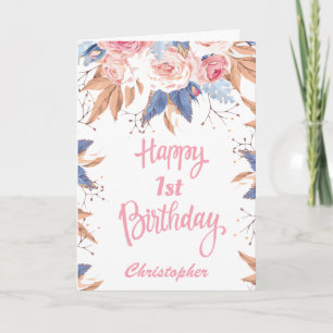Carte 1er anniversaire aquarelle Botanique rose floral
