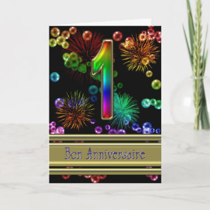 Carte 1er anniversaire avec feux d'artifice et bulles