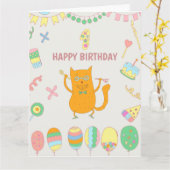 Carte 1er anniversaire. Ballons et chat roux. (Fleur jaune)