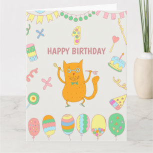 Carte 1er anniversaire. Ballons et chat roux.