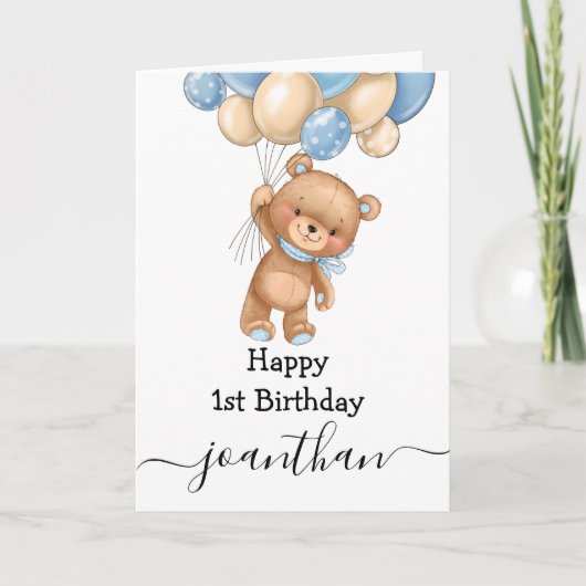 Carte 1er anniversaire bleu ballon teddy (Devant)