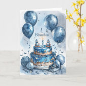 Carte 1er Anniversaire Blue Astronaut Rocket Nom du garç (Fleur jaune)