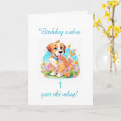 Carte 1er anniversaire Chien chiot (Fleur jaune)