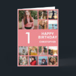 Carte 1er anniversaire Collage photo 13 photos rose et b<br><div class="desc">1er Joyeux Anniversaire Photo Collage 13 Photos Carte d'anniversaire rose et blanc pour n'importe quel âge. 1er 13ème 15ème 16ème 18ème 20ème 21ème 30ème 40ème 50ème 60ème 70ème 80ème 90ème 100ème, tout âge. Pour plus de personnalisation, cliquez sur le bouton "Customiser" et utilisez notre outil de conception pour modifier ce...</div>