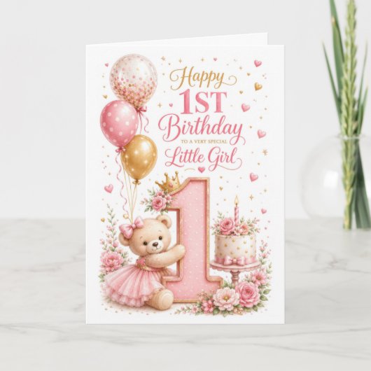 Carte 1er anniversaire de Teddy pour bébé fille (Devant)