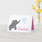 Carte 1er anniversaire éléphant fille rose (Fleur jaune)