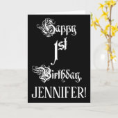Carte 1er anniversaire : fantaisie, élégant script + Nom (Fleur jaune)