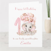 Carte 1er Anniversaire Fille rose mignon Eléphant Ballon (Devant)