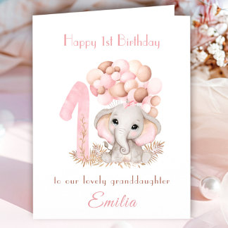 Carte 1er Anniversaire Fille rose mignon Eléphant Ballon