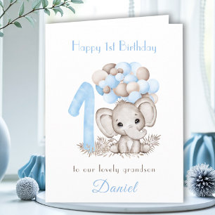 Carte 1er Anniversaire Garçon Bleu mignon Eléphant Ballo