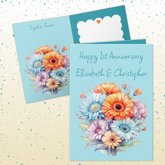 Carte 1er Anniversaire gerbera fleurs bleu